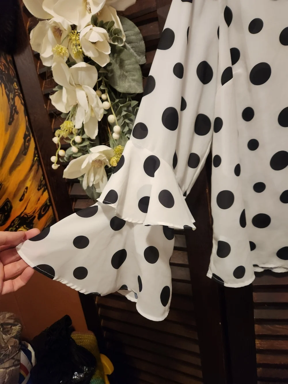Eloquii White Blouse with Black Polka Dots and Ruffle Sleeves